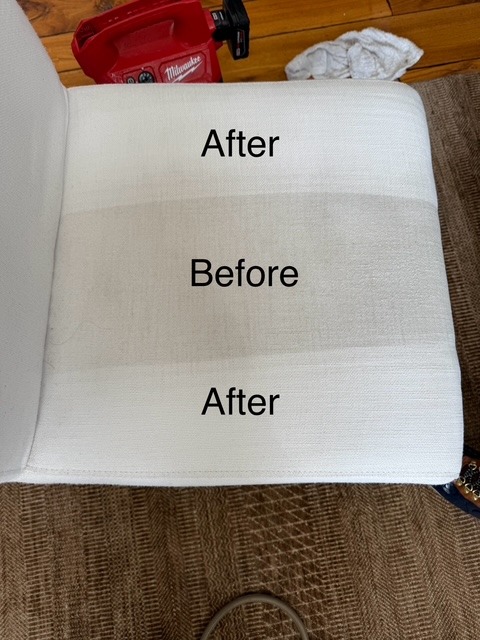 Restored upholstery on a chair, showing significant cleaning improvement with labels indicating "Before" and "After.
