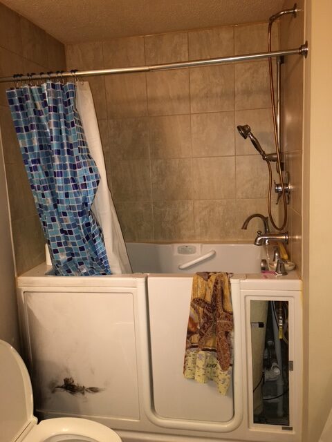 Accessible bathroom featuring a walk-in tub with a colorful shower curtain, adjacent to a toilet. Details include plumbing fixtures and towels draped nearby.